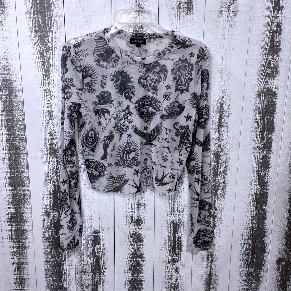 Ed Hardy Tattoo Mesh Long Sleeve Crop Top Gray Black Graphic Women's Large